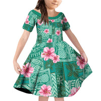 Cyan Hawaii Hibiscus With Tropical Flowers Motifs Family Matching Off Shoulder Short Dress and Hawaiian Shirt LT14 Daughter's Dress Cyan - Polynesian Pride