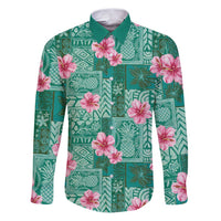 Cyan Hawaii Hibiscus With Tropical Flowers Motifs Family Matching Puletasi and Hawaiian Shirt LT14 Dad's Shirt - Long Sleeve Cyan - Polynesian Pride