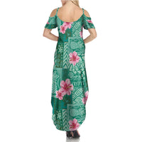Cyan Hawaii Hibiscus With Tropical Flowers Motifs Family Matching Summer Maxi Dress and Hawaiian Shirt LT14 - Polynesian Pride