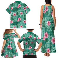 Cyan Hawaii Hibiscus With Tropical Flowers Motifs Family Matching Tank Maxi Dress and Hawaiian Shirt LT14 - Polynesian Pride