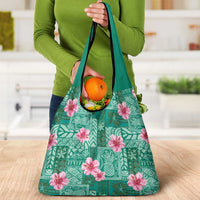 Cyan Hawaii Hibiscus With Tropical Flowers Motifs Grocery Bag - Polynesian Pride