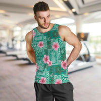 Cyan Hawaii Hibiscus With Tropical Flowers Motifs Men Tank Top LT14 Cyan - Polynesian Pride