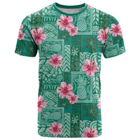 Cyan Hawaii Hibiscus With Tropical Flowers Motifs T Shirt LT14 Cyan - Polynesian Pride