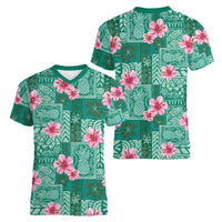 Cyan Hawaii Hibiscus With Tropical Flowers Motifs Women V-Neck T-Shirt - Polynesian Pride