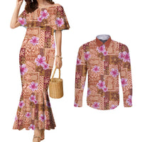 Orange Hawaii Hibiscus With Tropical Flowers Motifs Couples Matching Mermaid Dress and Long Sleeve Button Shirt - Polynesian Pride