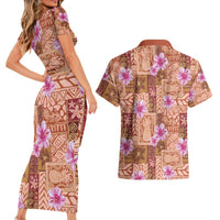 Orange Hawaii Hibiscus With Tropical Flowers Motifs Couples Matching Short Sleeve Bodycon Dress and Hawaiian Shirt LT14 - Polynesian Pride