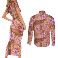 Orange Hawaii Hibiscus With Tropical Flowers Motifs Couples Matching Short Sleeve Bodycon Dress and Long Sleeve Button Shirt - Polynesian Pride
