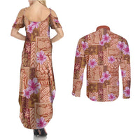 Orange Hawaii Hibiscus With Tropical Flowers Motifs Couples Matching Summer Maxi Dress and Long Sleeve Button Shirt - Polynesian Pride
