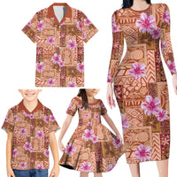 Orange Hawaii Hibiscus With Tropical Flowers Motifs Family Matching Long Sleeve Bodycon Dress and Hawaiian Shirt LT14 - Polynesian Pride