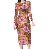 Orange Hawaii Hibiscus With Tropical Flowers Motifs Family Matching Long Sleeve Bodycon Dress and Hawaiian Shirt LT14 Mom's Dress Orange - Polynesian Pride