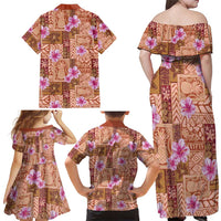 Orange Hawaii Hibiscus With Tropical Flowers Motifs Family Matching Off Shoulder Maxi Dress and Hawaiian Shirt LT14 - Polynesian Pride