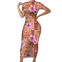 Orange Hawaii Hibiscus With Tropical Flowers Motifs Family Matching Short Sleeve Bodycon Dress and Hawaiian Shirt LT14 Mom's Dress Orange - Polynesian Pride