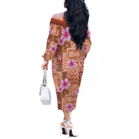 Orange Hawaii Hibiscus With Tropical Flowers Motifs Off The Shoulder Long Sleeve Dress - Polynesian Pride
