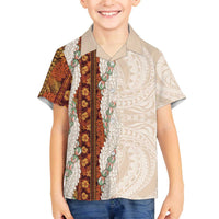 Aloha Hawaii Mikioi Lei Family Matching Off The Shoulder Long Sleeve Dress and Hawaiian Shirt Cattail Red Tropical Flower Pattern LT14 Son's Shirt Cattail Red - Polynesian Pride