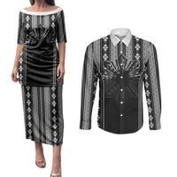 Mabuhay Philippines Festival Couples Matching Puletasi and Long Sleeve Button Shirt Filipino Map Black White Igorot Pattern LT14 Black - Polynesian Pride