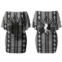 Mabuhay Philippines Festival Family Matching Off Shoulder Short Dress and Hawaiian Shirt Filipino Map Black White Igorot Pattern LT14 Mom's Dress Black - Polynesian Pride