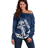 New Zealand Auckland Football Custom Off Shoulder Sweater Navy Blue City Anchor Sky Tower Symbol LT14 Women Navy Blue - Polynesian Pride