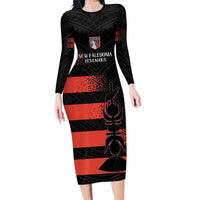 Custom New Caledonia Football Family Matching Long Sleeve Bodycon Dress and Hawaiian Shirt Allez Les Cagous Polynesian Pattern LT14 Mom's Dress Black - Polynesian Pride