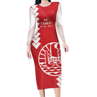 Custom Tahiti Football Family Matching Long Sleeve Bodycon Dress and Hawaiian Shirt Go Toa Aito LT14 Mom's Dress Red - Polynesian Pride