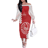 Custom Tahiti Football Family Matching Off The Shoulder Long Sleeve Dress and Hawaiian Shirt Go Toa Aito LT14 Mom's Dress Red - Polynesian Pride