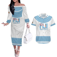 Custom Fiji Tapa Football Couples Matching Off The Shoulder Long Sleeve Dress and Hawaiian Shirt Go Bula Boy! LT14 White - Polynesian Pride