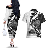 New Zealand Silver Fern Curling Personalised Couples Matching Off The Shoulder Long Sleeve Dress and Hawaiian Shirt Aotearoa Kiwi Ponga Black White Version LT14 - Polynesian Pride