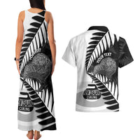 New Zealand Silver Fern Curling Personalised Couples Matching Tank Maxi Dress and Hawaiian Shirt Aotearoa Kiwi Ponga Black White Version LT14 - Polynesian Pride