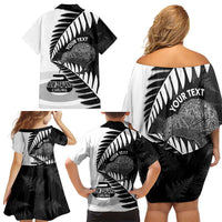 New Zealand Silver Fern Curling Personalised Family Matching Off Shoulder Short Dress and Hawaiian Shirt Aotearoa Kiwi Ponga Black White Version LT14 - Polynesian Pride