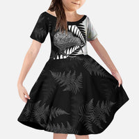 New Zealand Silver Fern Curling Personalised Kid Short Sleeve Dress Aotearoa Kiwi Ponga Black White Version - Polynesian Pride