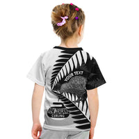 New Zealand Silver Fern Curling Personalised Kid T Shirt Aotearoa Kiwi Ponga Black White Version - Polynesian Pride