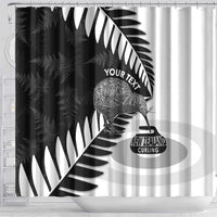 New Zealand Silver Fern Curling Personalised Shower Curtain Aotearoa Kiwi Ponga Black White Version - Polynesian Pride