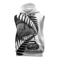 New Zealand Silver Fern Curling Personalised Sleeveless Hoodie Aotearoa Kiwi Ponga Black White Version - Polynesian Pride