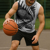 New Zealand Silver Fern Curling Personalised Sleeveless Hoodie Aotearoa Kiwi Ponga Black White Version - Polynesian Pride