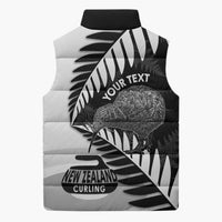 New Zealand Silver Fern Curling Personalised Sleeveless Puffer Jacket Aotearoa Kiwi Ponga Black White Version - Polynesian Pride