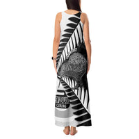 New Zealand Silver Fern Curling Personalised Tank Maxi Dress Aotearoa Kiwi Ponga Black White Version - Polynesian Pride