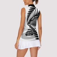 New Zealand Silver Fern Curling Personalised Women Sleeveless Polo Shirt Aotearoa Kiwi Ponga Black White Version LT14 - Polynesian Pride