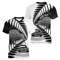New Zealand Silver Fern Curling Personalised Women V-Neck T-Shirt Aotearoa Kiwi Ponga Black White Version - Polynesian Pride