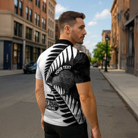 New Zealand Silver Fern Curling Personalised Zipper Polo Shirt Aotearoa Kiwi Ponga Black White Version - Polynesian Pride