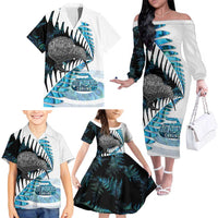 New Zealand Silver Fern Curling Personalised Family Matching Off The Shoulder Long Sleeve Dress and Hawaiian Shirt Aotearoa Kiwi Ponga Paua Shell Version LT14 - Polynesian Pride