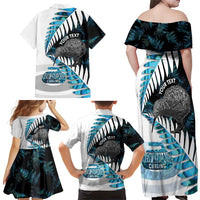 New Zealand Silver Fern Curling Personalised Family Matching Off Shoulder Maxi Dress and Hawaiian Shirt Aotearoa Kiwi Ponga Paua Shell Version LT14 - Polynesian Pride