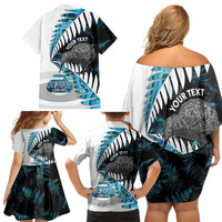 New Zealand Silver Fern Curling Personalised Family Matching Off Shoulder Short Dress and Hawaiian Shirt Aotearoa Kiwi Ponga Paua Shell Version LT14 - Polynesian Pride
