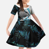 New Zealand Silver Fern Curling Personalised Family Matching Puletasi and Hawaiian Shirt Aotearoa Kiwi Ponga Paua Shell Version LT14 Daughter's Dress Black - Polynesian Pride