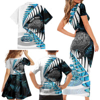 New Zealand Silver Fern Curling Personalised Family Matching Short Sleeve Bodycon Dress and Hawaiian Shirt Aotearoa Kiwi Ponga Paua Shell Version LT14 - Polynesian Pride