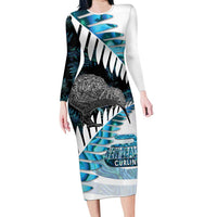 New Zealand Silver Fern Curling Personalised Long Sleeve Bodycon Dress Aotearoa Kiwi Ponga Paua Shell Version LT14 Long Dress Black - Polynesian Pride