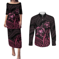 Pink Black Polynesia Floral Sea Turtle Couples Matching Puletasi and Long Sleeve Button Shirt - Polynesian Pride