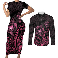 Pink Black Polynesia Floral Sea Turtle Couples Matching Short Sleeve Bodycon Dress and Long Sleeve Button Shirt - Polynesian Pride