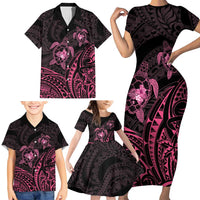 Pink Black Polynesia Floral Sea Turtle Family Matching Short Sleeve Bodycon Dress and Hawaiian Shirt - Polynesian Pride