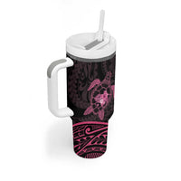 Pink Black Polynesia Floral Sea Turtle Tumbler With Handle - Polynesian Pride