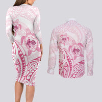 Pink White Polynesia Floral Sea Turtle Couples Matching Long Sleeve Bodycon Dress and Long Sleeve Button Shirt - Polynesian Pride