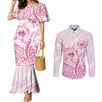 Pink White Polynesia Floral Sea Turtle Couples Matching Mermaid Dress and Long Sleeve Button Shirt LT14 White - Polynesian Pride